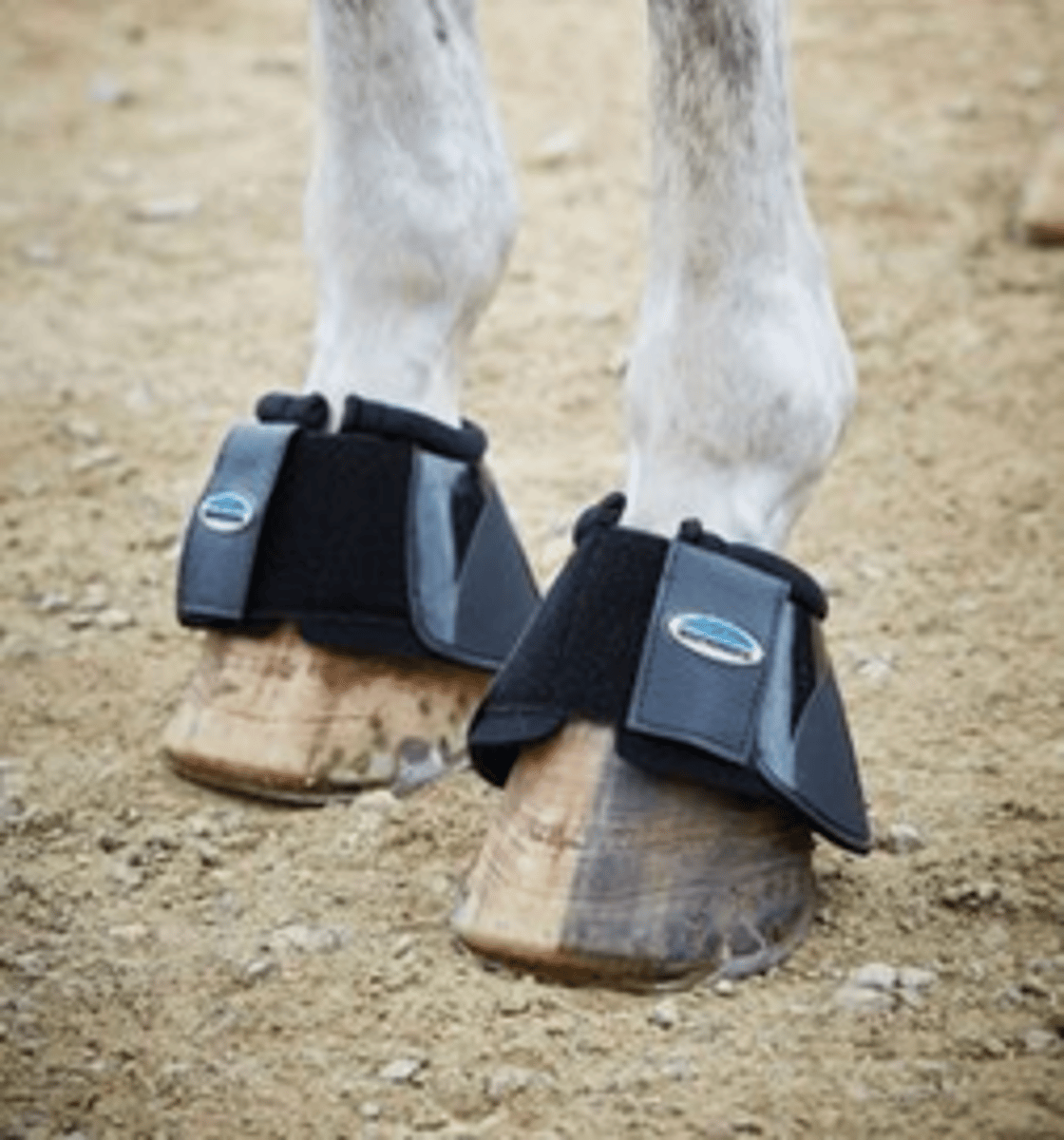 <p>Boots that surround the entire hoof, preventing the hind hooves kicking the front hooves.</p>