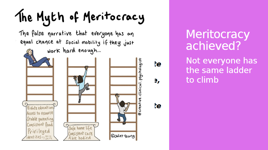 <p>The false narrative that everyone has an equal chance at social mobility if they just work hard enough</p><p>i.e. not everyone has the same ladder to climb</p>