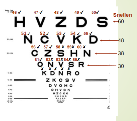 <p>what is the VA in snellen and in VAR notations&nbsp;</p>