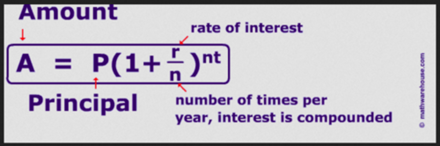 <p>A=(P+r/n)^nt</p><p>Common n values are 12=monthly, 4=quarterly, 2=semiannually, 1=annually.</p><p>t is the time in years.</p>