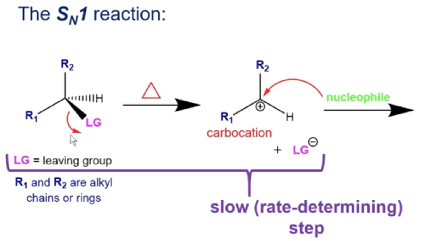 <p>the formation of the carbocation is SLOW and it's the RATE DETERMINING STEP of an Sn1 reaction</p>