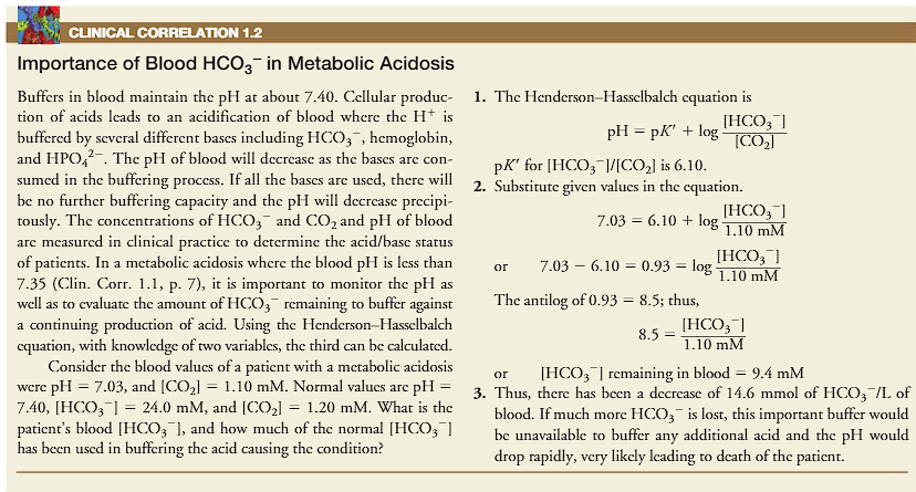 <ol><li><p>buffers in the blood maintain the pH of about 7.40</p></li><li><p>cellular production of acids leads to an acidification of blood, where the H+ is buffered by several bases including bicarbonate, hemoglobin and HPO<sub>4 </sub><sup>2-</sup>. </p></li><li><p>the pH of the blood is <strong>decreased </strong>as the <strong>bases are consumed in the buffering process</strong>. </p></li><li><p>if <strong>all buffers are used, there will be no more buffering capacity </strong></p></li><li><p>no more buffering capacity = pH will be decreased precipitously. </p></li></ol><p>the concentrations of HCO3- and CO2 and pH of the blood are measured in clinical practice to determine the acid/base status of patients. </p>