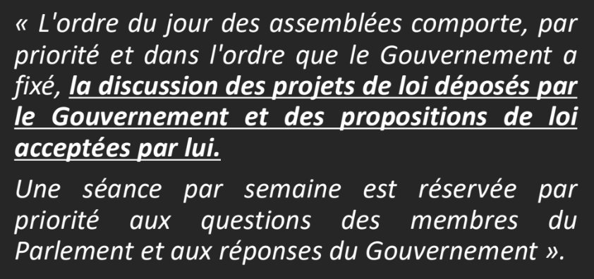<p>La fixation de l’ordre du jour des assemblées</p><p><strong>ATTENTION ORIGINEL</strong></p><p><strong>ATTENTION</strong>&nbsp;: Cet article a depuis beaucoup changé, notamment avec la révision constitutionnelle du 23 juillet 2008. Désormais, l’ordre du jour est mieux partagé… même si le Gouvernement garde une forte influence sur celui-ci.</p>