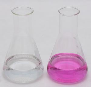 <p>colorless in acid, pink in base</p>