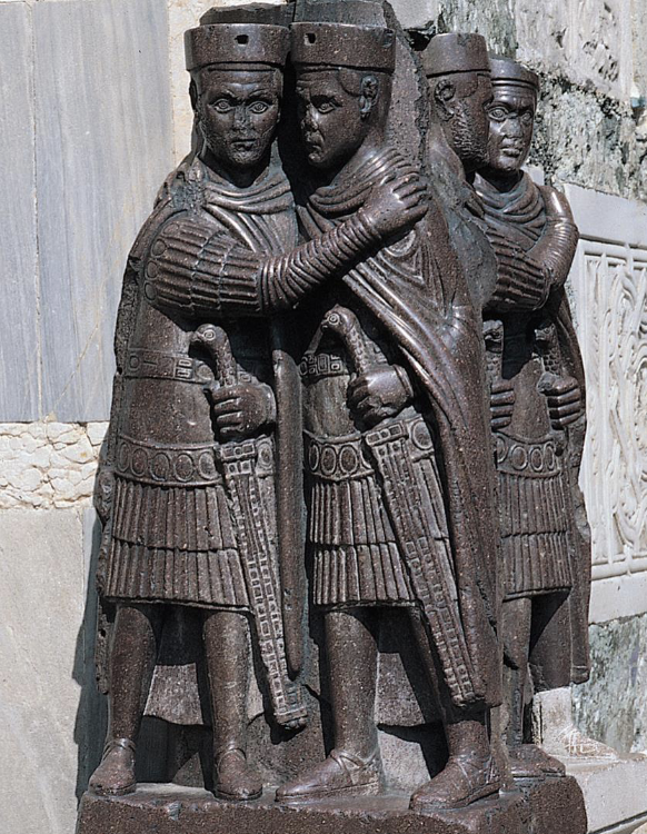 <p><span style="color: purple;"><span>Portraits of the four tetrarchs, from Constantinople,<br>ca. 300 ce. Porphyry, 4′ 3′′ high.</span></span></p>