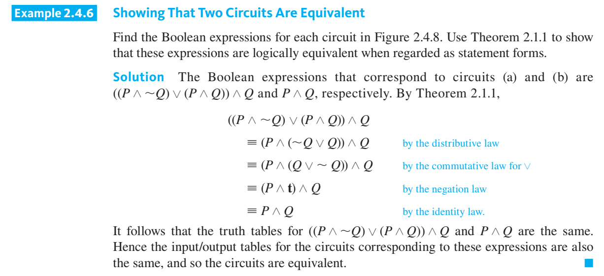 <p>In general, you can simplify a combinational circuit by <mark data-color="blue">finding the corresponding Boolean expression, using the properties listed in Theorem 2.1.1 to find a Boolean expression that is shorter and logically equivalent to it </mark>(when both are regarded as statement forms), and constructing the circuit corresponding to this shorter Boolean expression.</p>