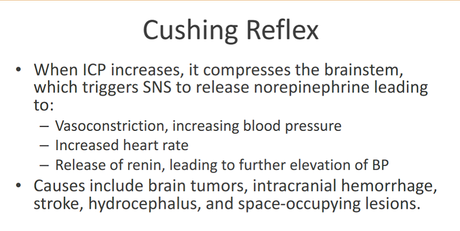 <p><span><span>"Cushing Reflex" does not describe the mechanism in its name. Instead, it honors the individual who first characterized the phenomenon.</span></span></p><p>Cushing reaction is a special type of CNS ischemic response. </p><p><span>The </span><strong><span>Cushing Reflex</span></strong><span> is a </span><strong><span>specific triad</span></strong><span> of clinical signs that occur when </span><strong><span>Intra</span><u><span>cranial </span></u><span>Pressure (ICP)</span></strong><span> rises to a </span><strong><span>critical level</span></strong><span>, </span><strong><span>compressing the brain and its blood vessels</span></strong><span>. The classic triad is:</span></p><ol><li><p class="ds-markdown-paragraph"><strong><span>Hypertension</span></strong><span> (High Systemic Blood Pressure)</span></p></li><li><p class="ds-markdown-paragraph"><strong><span>Bradycardia</span></strong><span> (Slow Heart Rate)</span></p></li><li><p class="ds-markdown-paragraph"><strong><span>Irregular Respiration</span></strong></p></li></ol><p class="ds-markdown-paragraph">When <strong>ICP</strong> increases, it <strong>compresses the brainstem</strong>, which<strong> triggers SNS</strong> to <strong>release norepinephrine </strong>leading</p><p>to: </p><p>– Vasoconstriction, increasing blood pressure</p><p>– decreased heart rate (due to baroreceptors detecting increase in blood pressure) </p><p>– <u>Release of renin</u>, leading to further elevation of BP</p><p>Causes include brain tumors, intracranial hemorrhage, stroke, hydrocephalus, and space-occupying lesion</p>