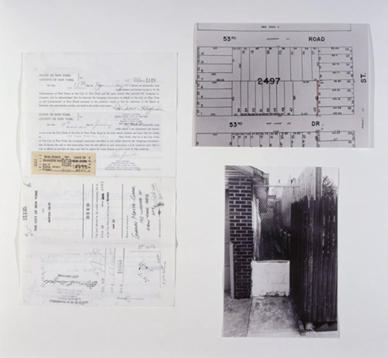 <p>Title: Reality Properties: <strong>Fake Estates</strong></p><p>Time: 1974.</p><p>Known for:</p><ul><li><p>A <strong>conceptual art project</strong> in which they purchased small, often <strong>useless, overlooked properties</strong> in New York City, including <strong>narrow strips of land</strong> between buildings or abandoned spaces, which he dubbed “<strong>Fake Estates</strong>.”</p></li><li><p class="">The project critiques the <strong>commodification of land</strong> and the <strong>artificial nature of property value</strong>, using land as both a <strong>material</strong> and a <strong>concept</strong> to challenge traditional ideas of ownership, urban development, and space.</p></li></ul><p></p>