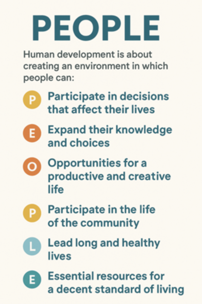 <p>-Participate in decisions that affect their lives</p><p>-Expand their knowledge and choices</p><p>-Opportunities for a productive and creative life</p><p>-Participate in the life of their community</p><p>-Lead long and healthy lives</p><p>- Have access to essential resources required for a decent standard of living</p>
