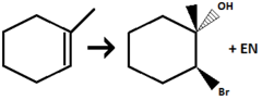 <p><strong>Alkene to Halohydrin</strong></p><ul><li><p>halogenation at Anti-MarkovNikov Position (X goes to the LESS substituted carbon)</p></li><li><p>adds Alcohol at MarkovNikov Postion (OH goes to the MORE substituted carbon)</p></li><li><p>stereochem: anti-addition (OH and X end up on opposite faces)</p></li></ul><p></p>