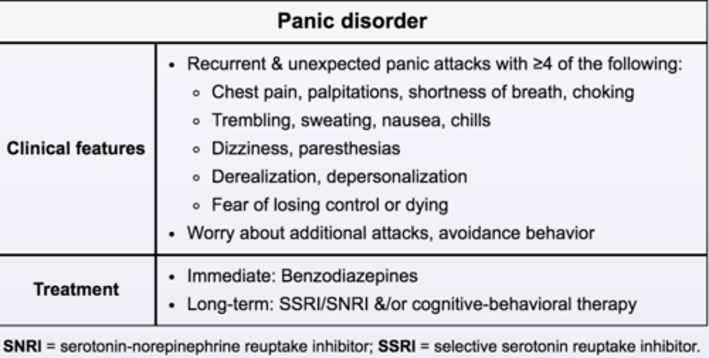 <p>recurrent attacks of overwhelming anxiety that usually occur suddenly or unexpectedly</p>