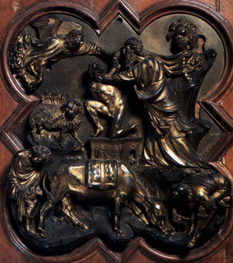 <p>The sacrifice of Isaac: Florence Baptistery doors competiton 1, gilded bronze, Brunelleschi, 1401-1402, Museo Nazionale del Bargello, Florence, Italy</p>