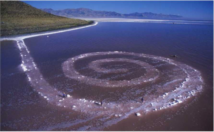 <p>Great Salt Lake, Utah </p><p>an earth-work sculpture made of mud, sea crystals, and basalt rock</p><p>very large, used red color of water for aesthetic impact </p><p>periodic drought, and shallow</p>