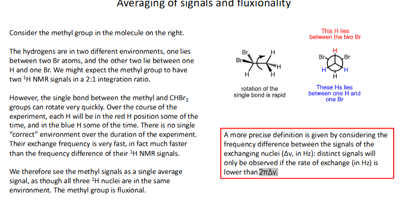 <p>Consider frequency difference between signals of exchanging nuclei (change of frequency) : distinct signals will only be observed if rate of exchange (in Hz) is lower than difference in angular frequency</p>
