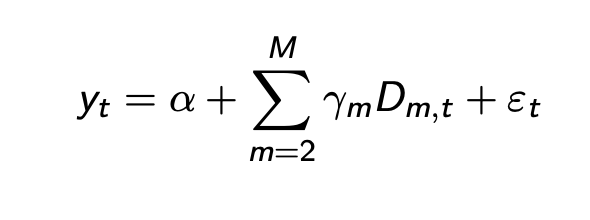 <p>regress yt on szl dummy variables </p><p>D = 1 if obs in that time period</p><p>et = resid </p><p>* Note that m = 2, do not do all otherwise perfect MC<br><br>FITTED COMPONENT CAPTURES SZL</p><p></p><p>RESIDUAL = DE-SZNL SERIES (can always add Y back in)</p>