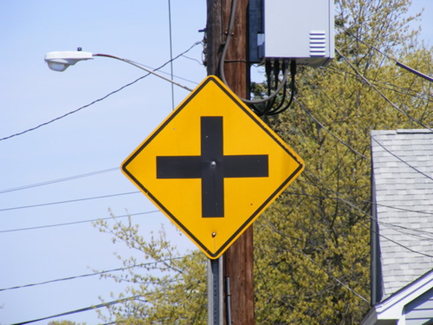 <p>One of the intersection traffic signs. Another road crosses the highway ahead. Look left and right for other traffic. Be alert for cross-traffic and regulatory signals.</p>