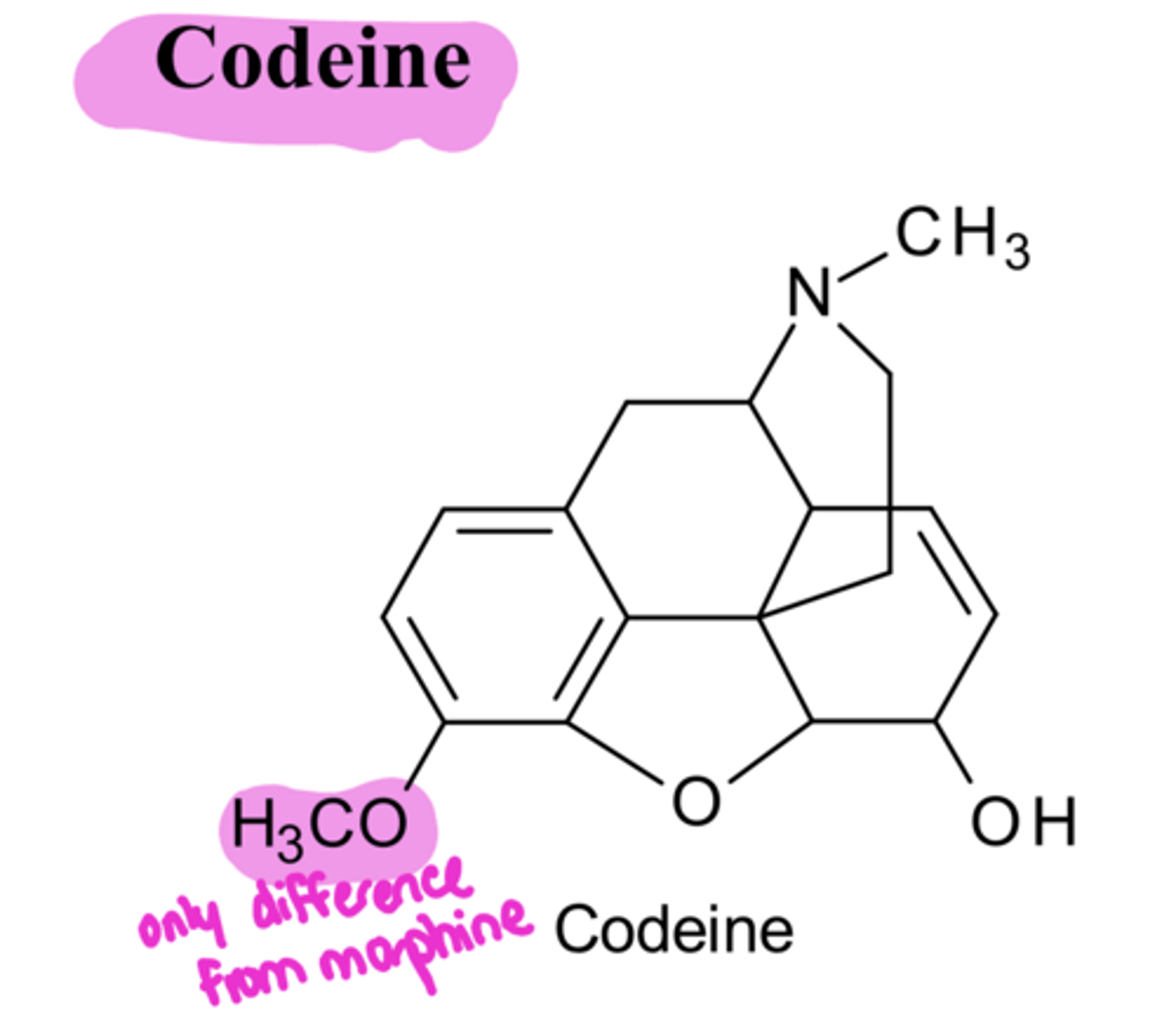 <p>Because codeine replaced the C3-OH with C3-OCH3, it has ____ analgesic activity and ___ potency compared to morphine</p>