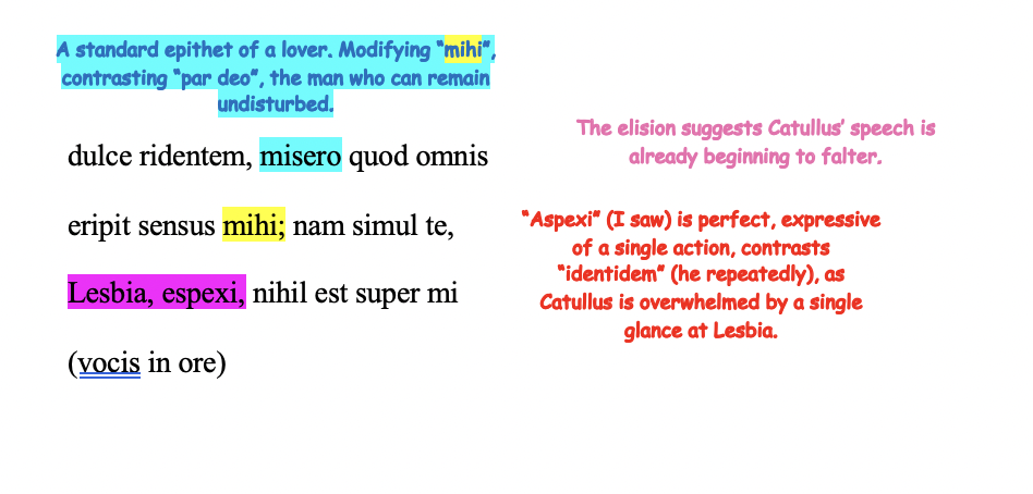 dulce ridentem, misero quod omnis

eripit sensus mihi; nam simul te,

Lesbia, espexi, nihil est super mi

(vocis in ore)