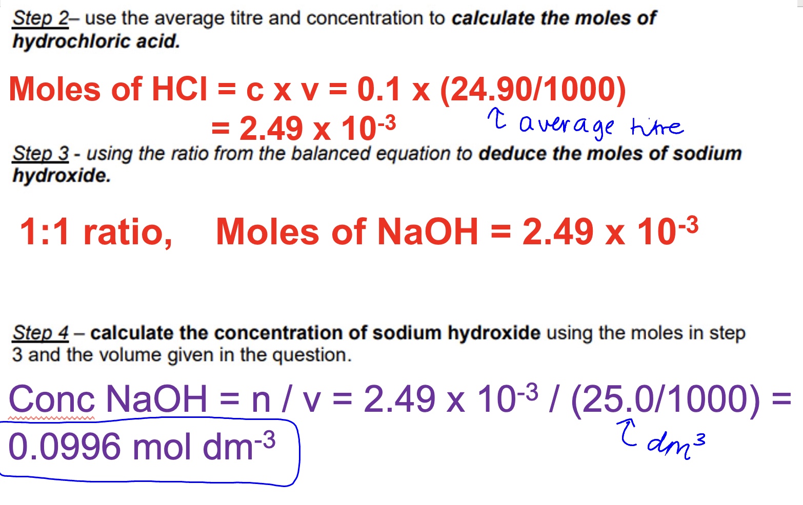 <p>after calculating the average titre (volume of HCl used) which is <strong>24.90cm³,</strong> follow the steps in the image</p>