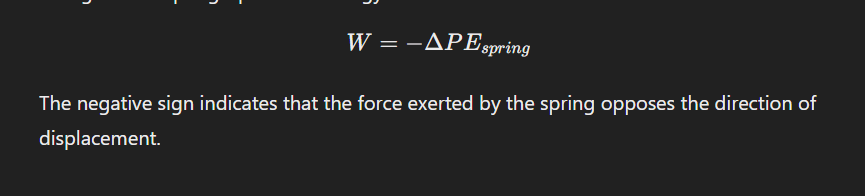 <p>When the spring is<strong> compressed or stretched</strong>, the force exerted by the<strong> spring does work to restore the system</strong> to its <strong>original position</strong>, and this work equals the change in the spring’s potential energy. <strong>What represents this?</strong></p>