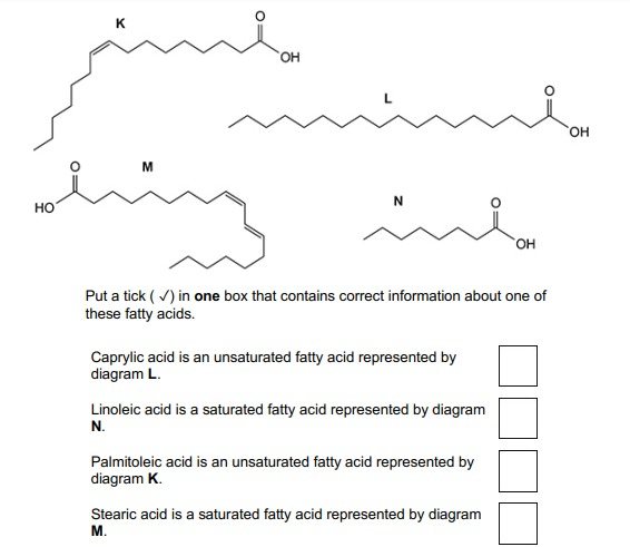 <p>Put a tick ( ✓) in one box that contains correct information about one of these fatty acids.</p>