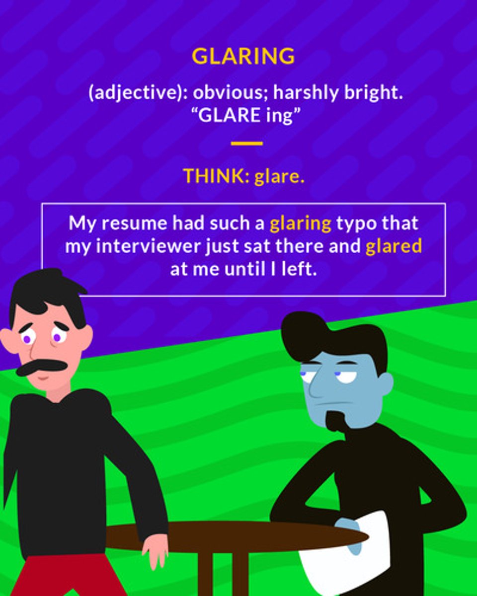 <p>extremely obvious or conspicuous</p><p>(adj.) obvious</p>