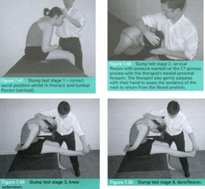 <p>Position: Seated</p><p>Examiner:</p><ul><li><p>Thoracic/lumbar flexion (place forearm on top of cervical and thoracic spine to prevent extension)</p></li><li><p>Hands behind the back and cervical flexion</p></li><li><p>One knee extension</p></li><li><p>Dorsiflexion of extended foot </p></li></ul>