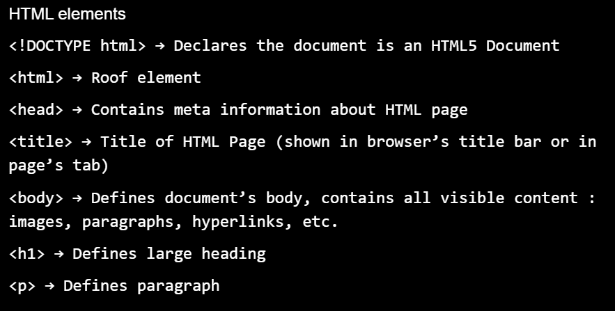 <p>Contain start tag, content, and end tag. </p><p>Tells browser what to display. (Declarative)</p><p>Empty element → no content, no end tag.</p>
