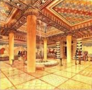 <ul><li><p>large rectangular hall</p></li><li><p>has a room that’s nearly square</p></li><li><p>deep porch formed by extending the side walls</p></li></ul><p></p>