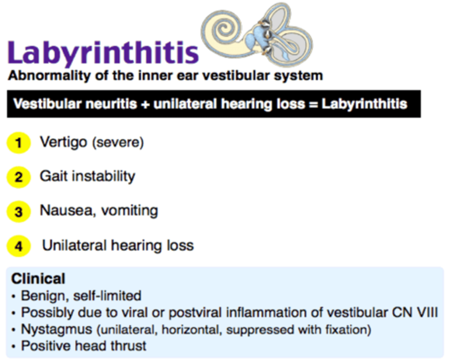 <p>Inflammation of inner ear canals</p><p>Can be viral, bacterial or systemic but VIRAL IS THE MOST COMMON</p><p>It is often associated with a recent viral illness or a vascular lesion, in which case it may involve other cranial nerve deficits.</p>