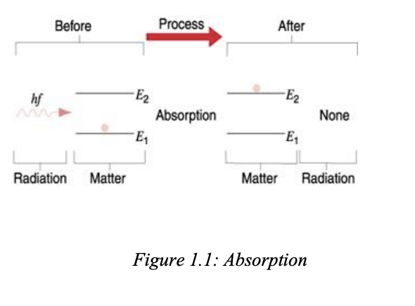 <p>when radiation (photon) of a frequency hits a atom and basically it goes to a higher energy level from e1 to e2</p><p>ok so the wiggly line is the photon and the ball is an atom</p><p></p><p>"Absorption of a photon of frequency f takes place when the energy difference E<sub>2</sub> – E<sub>1</sub> of the allowed energy states of the atomic system equals the energy hf of the photon. Then the photon disappears and the atomic system moves to upper energy state E<sub>2</sub>.”</p>