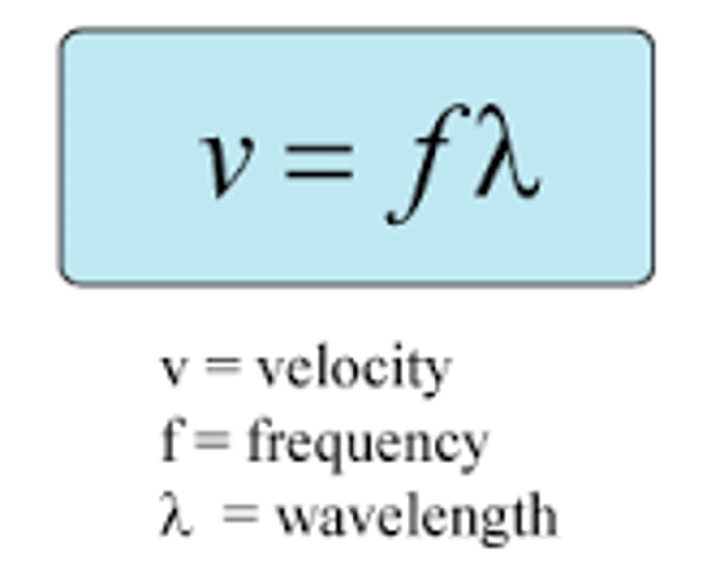 <p>v is the wave speed (velocity) in metres per second (m/s), f is frequency in hertz (Hz), and λ is wavelength in metres (m)</p>