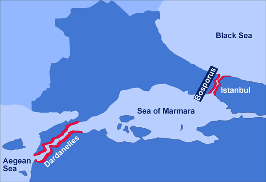 <p>vital strait connecting the black sea in the Mediterranean Sea in present-day Turkey</p>