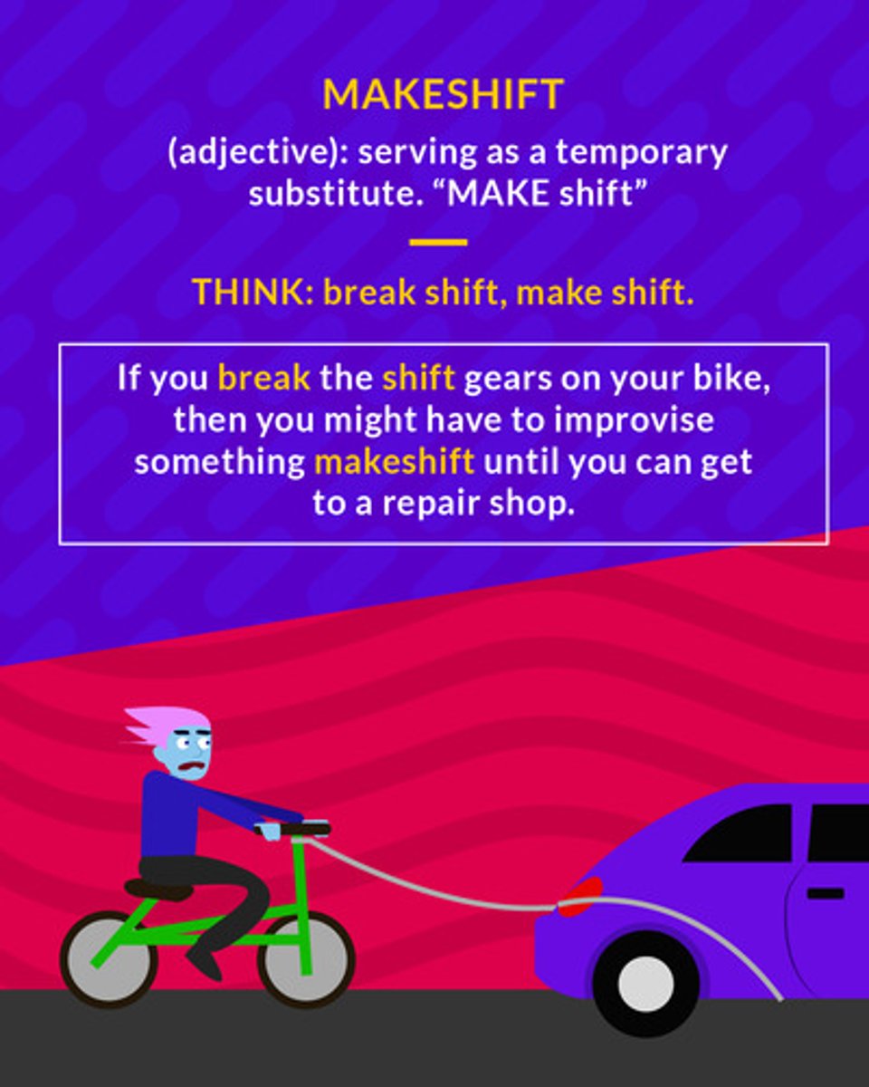 <p>(n) a temporary substitute for something else; (adj) crude, flimsy, or temporary</p><p>(adj.) serving as a temporary substitute</p>