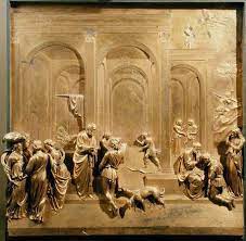 <p>Lorenzo Ghiberti<br>Jacob and Esau<br>Florence Baptistery (detail)<br>1425-1452<br>Gilded bronze</p>