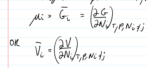 <p>the total property of the solution over the change in moles of i</p><p>it is the response of the total property to a change in moles of one component at T,P</p>