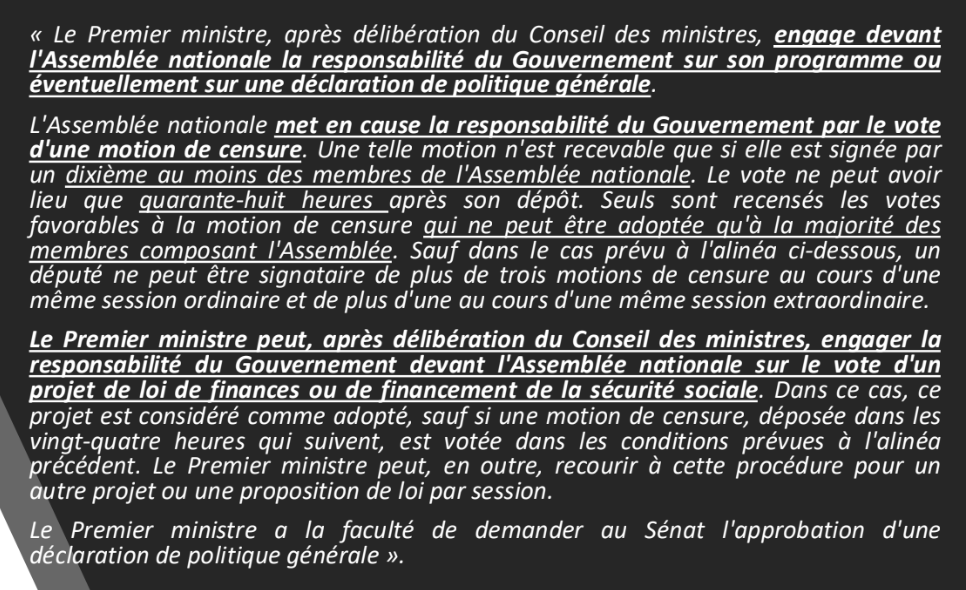 <p>La mise en jeu de la responsabilité du Gouvernement</p><p>(Actuel, seul changement majeur : affaiblissement de l’alinéa 3)</p>