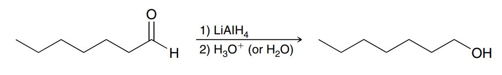 <p>LiAlH4 adds H- to the carbonyl C then H3O+ or H2O adds an H to the Oxygen to form an OH (no leaving group involved) NEED TO BE SEPARATE STEPS<br>When there is xs LiAlH4, eject any leaving groups (eg EtO-) before using LiAlH a 2nd time<br>Stronger than NaBH4, less selective (can reduce more groups)<br>Do not use when water, alcohol or acid (carboxylic acid COOH) is present</p>
