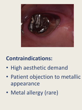 <ul><li><p>aesthetics</p></li><li><p>metal allergy</p></li></ul><p></p>