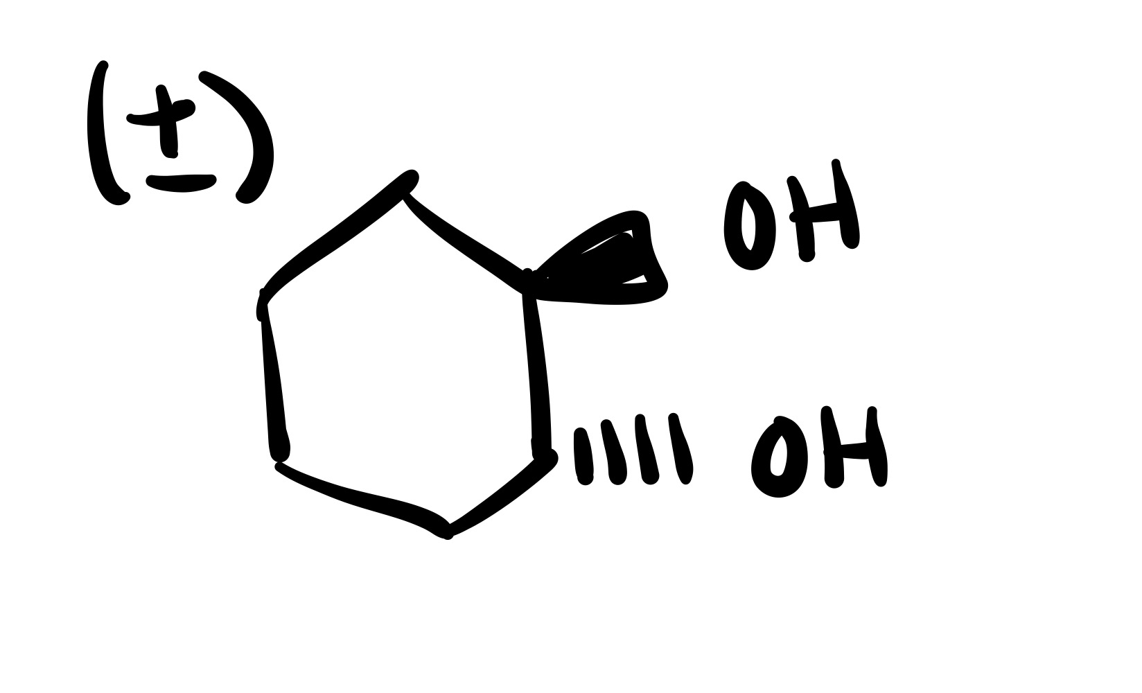 <p>The double bond is broken and the 2 OH’s are added (one is dash, one is wedge). Add plus/minus sign</p>