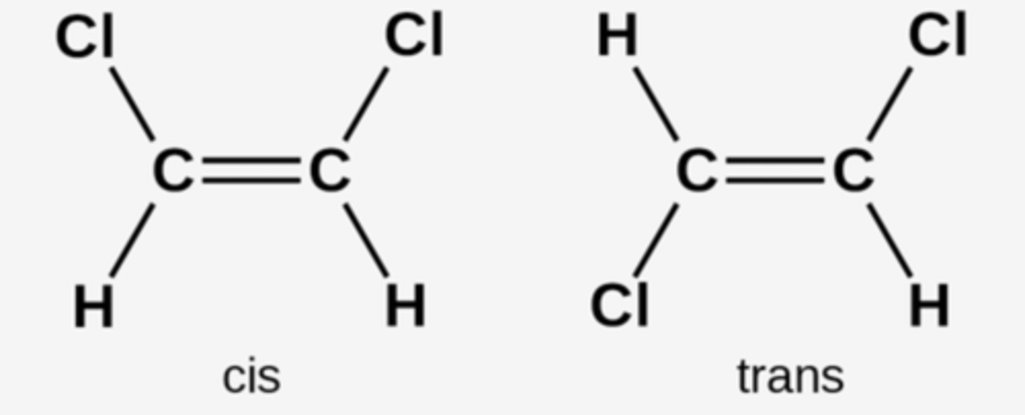 <p>Trans - angränsade kol på olika sidor<br><br>Cis - angränsade kol på samma sida</p>