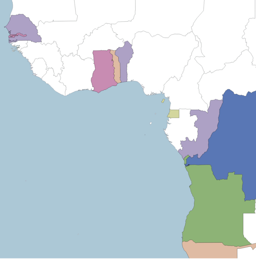 <p>Why is this map screwed up? Answer with reference to Angola, Congo, Zaire/DRC, Togo, and Benin.</p>