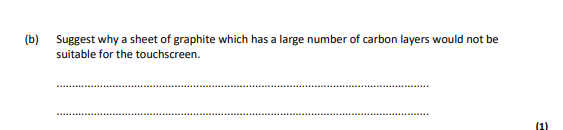 <p>Suggest why a sheet of graphite which has a large number of carbon layers would not be suitable for the touchscreen.</p>