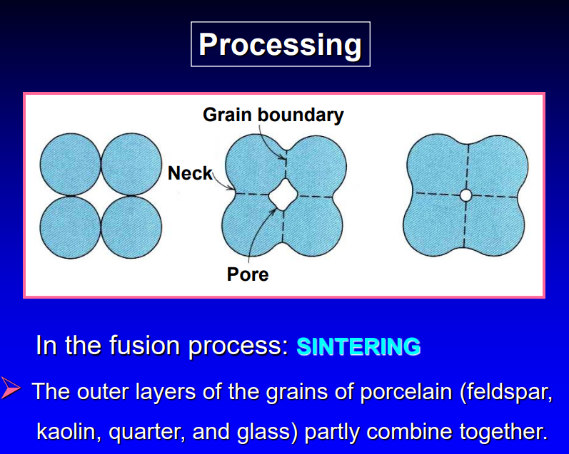 <p>the outer layers of the grains of porcelain partly combine together; the process of heating closely -packed particles to achieve inter-particle bonding </p>