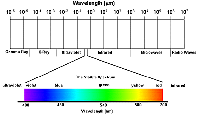 <p>visible region - 400nm to 750nm </p><ul><li><p>consists of Violet, indigo, blue, green, yellow, orange, red </p></li></ul><p>Cosmic rays &lt; Gamma rays &lt; X rays &lt; Ultraviolet &lt; visible light &lt; Infrared &lt; microwave &lt; radiowaves</p><p>(in the order of increasing wavelength) </p>