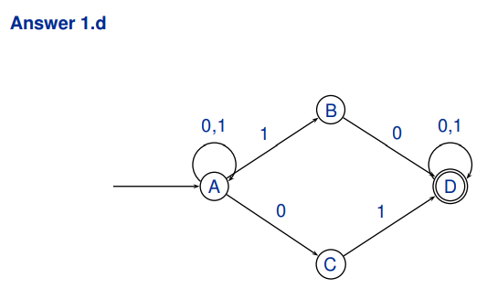 <p>(0 + 1) ∗ (01 + 10)(0 + 1) ∗</p><p>A → 0A | 1A | 1B | 0C </p><p>B → 0D </p><p>C → 1D </p><p>D → 0D | 1D | λ</p>