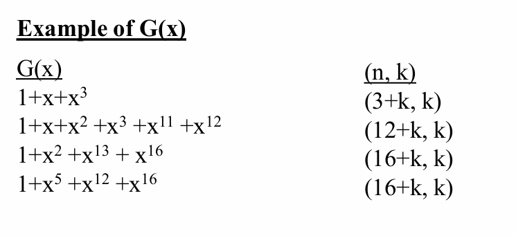 <p>degree of G(x) = n - k</p><p>G(x) is the unique lowest-degree nonzero polynomial having unity coefficient in its highest-degree term</p><p>each code word V(x) is a multiple of G(x) and is computed as V(x) = D(x) G(x</p>