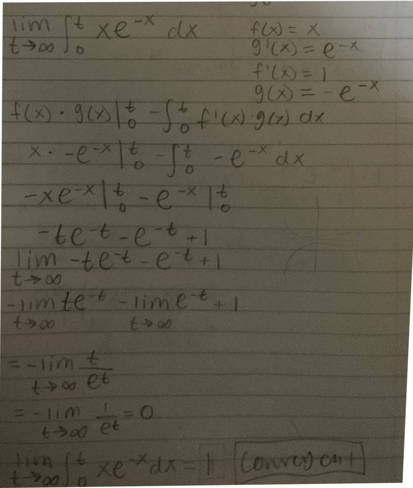 <ul><li><p>The integral is improper because one of the bounds is infinite</p></li><li><p>The integral converges because the limit is finite</p></li></ul><p></p>