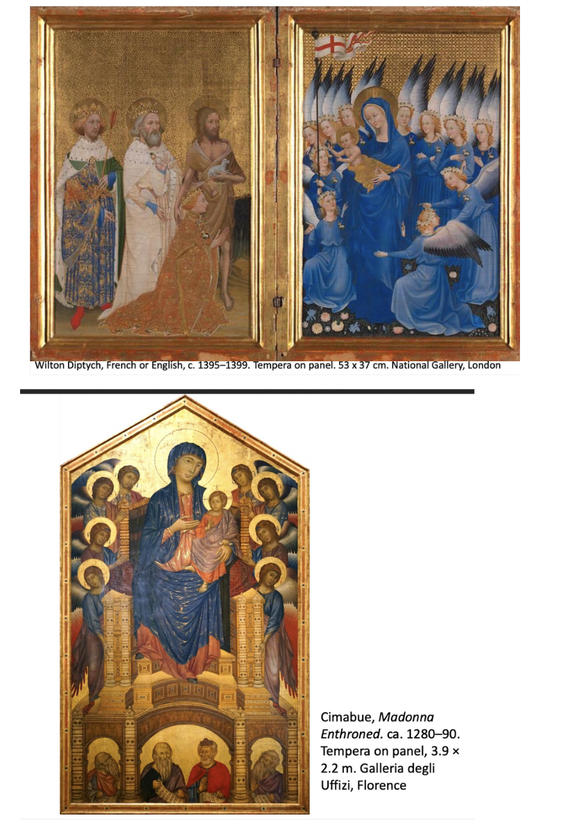 <p><u>International Gothic Style</u></p><ul><li><p><strong>Wilton Diptych</strong>:</p><ul><li><p>English/French work, delicate figures, gold backgrounds w egg tempera</p></li></ul></li><li><p><strong>Cimabue’s Madonna Enthroned</strong>:</p><ul><li><p>Combines Byzantine formality with Gothic expression</p></li></ul><p></p></li></ul><p></p>