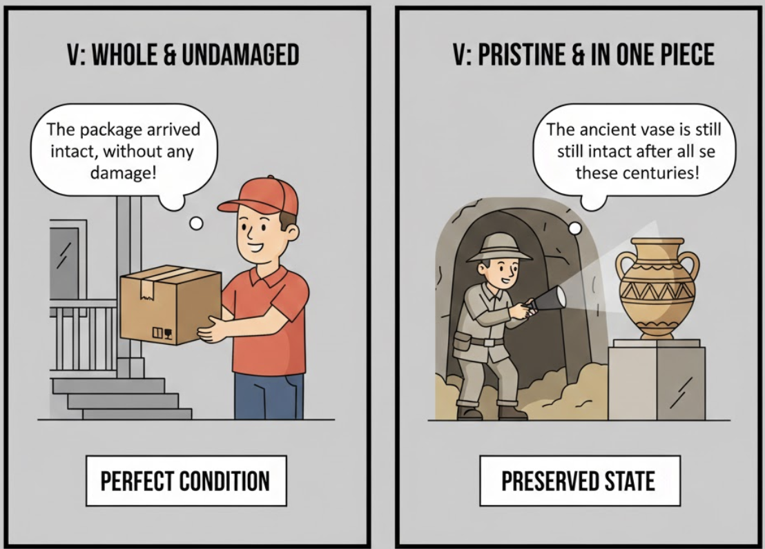 <p>Not damaged or destroyed; complete and in the original state. </p><ul><li><p>(<strong>Nguyên vẹn, còn mới nguyên, không bị sứt mẻ</strong>)</p></li></ul><p>Dạng liên quan:</p><ul><li><p><strong>Tact</strong> (Sự tinh tế - không liên quan nghĩa). </p></li><li><p><strong>Contact</strong> (Tiếp xúc).</p></li></ul><p></p>